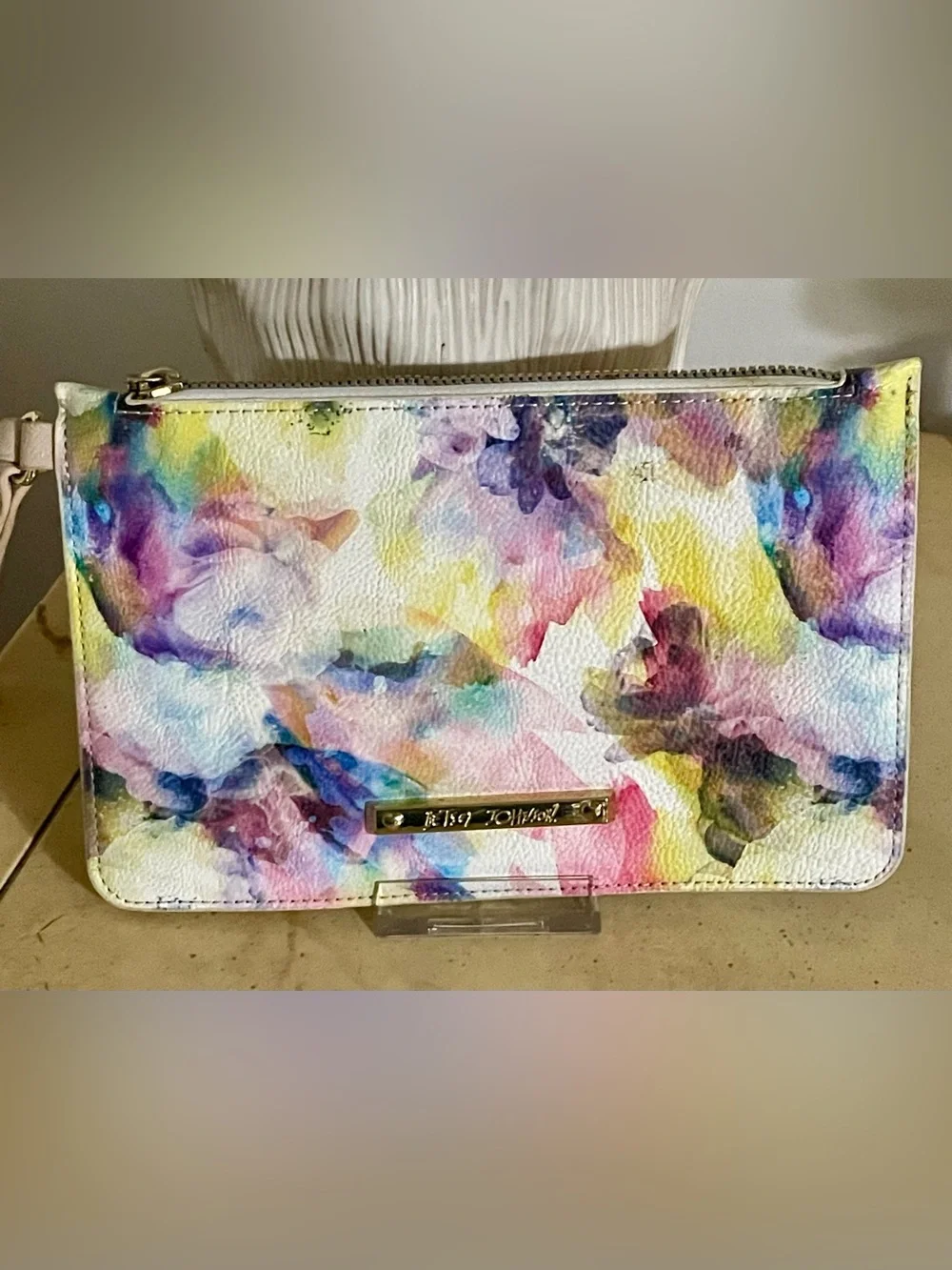 Betsey Johnson White Multicolor Watercolor Floral Clutch